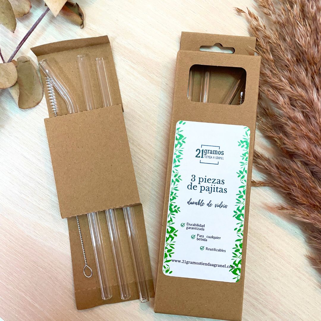 Set de 4 piezas de pajitas de vidrio con cepillo de limpieza