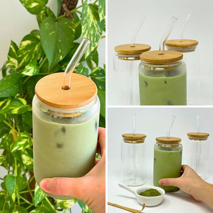 Vaso de Vidrio con Tapa de Bambú y Pajita – Fresco y Natural (450 ml)