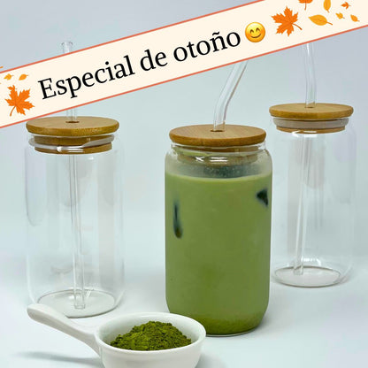 Vaso de Vidrio con Tapa de Bambú y Pajita – Fresco y Natural (450 ml)
